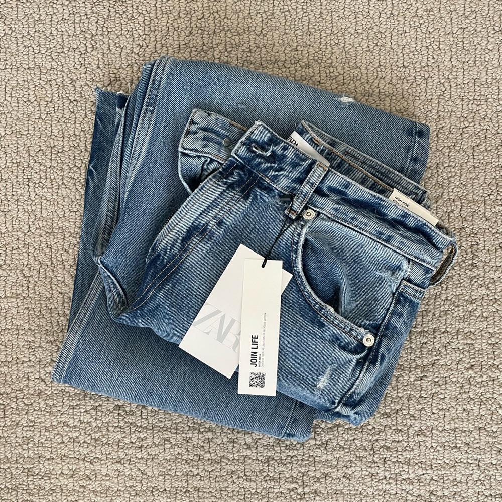 Zara Ripped Wide Leg High Rise Jeans